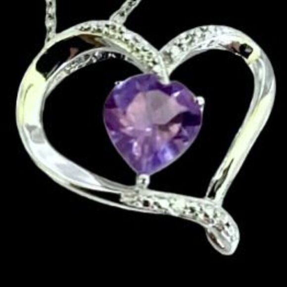 NV#2  Amethyst & CZ Heart & Sterling 925 Silver Necklace - Picture 1 of 11